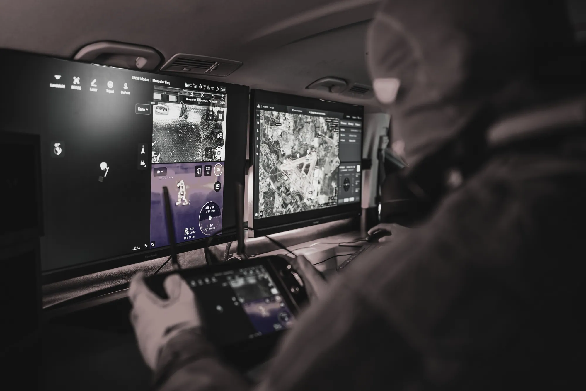 Operator at a ground control station screen in the field